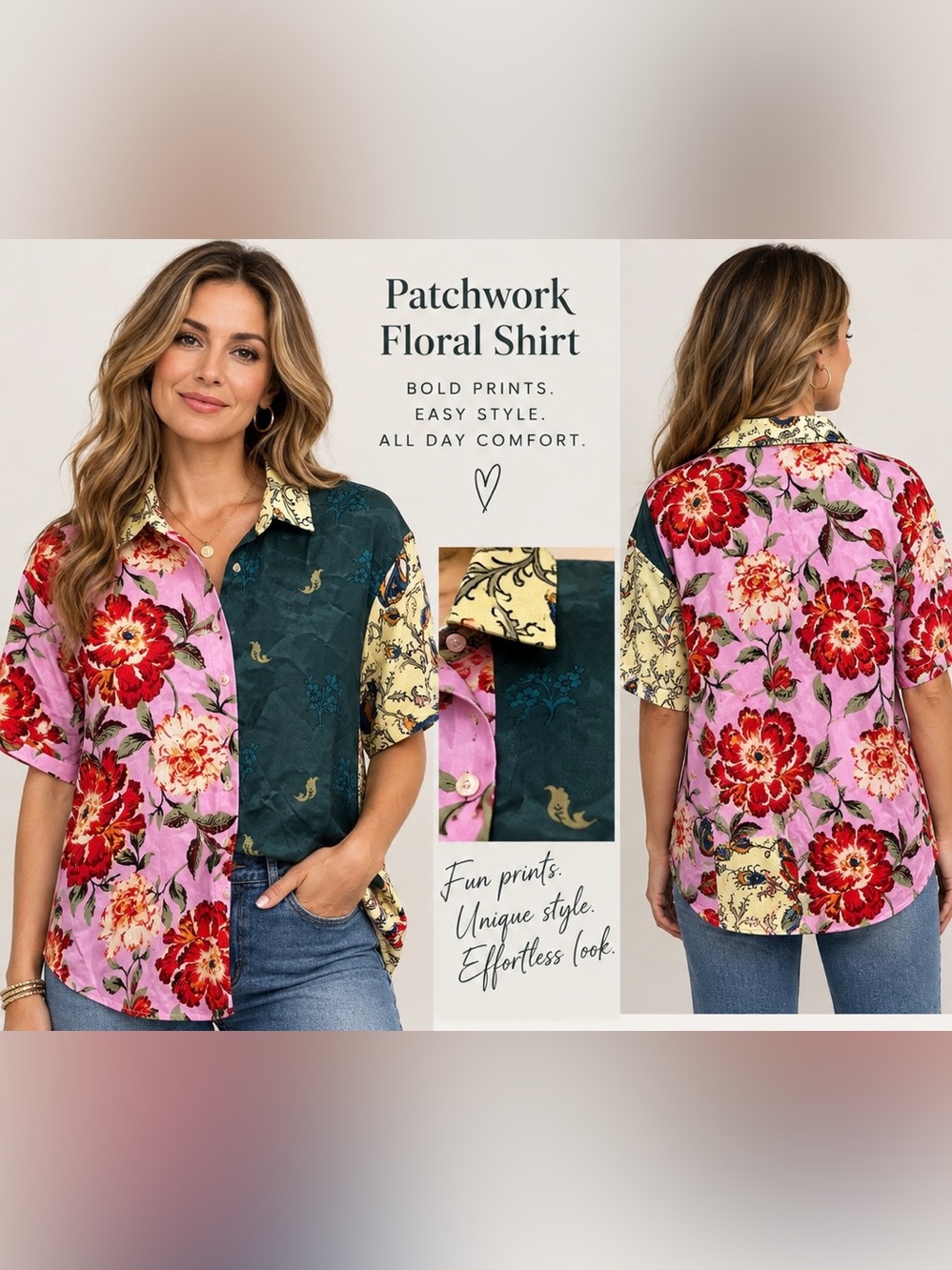 Anthropologie Mixed-Print Button-Up Blouse - Pink, Red & Teal size XS